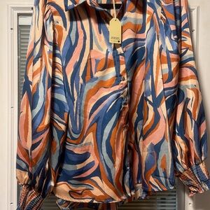 JODIFL Abstract Swirl Button-Down Blouse in Blue, Peach & Cream